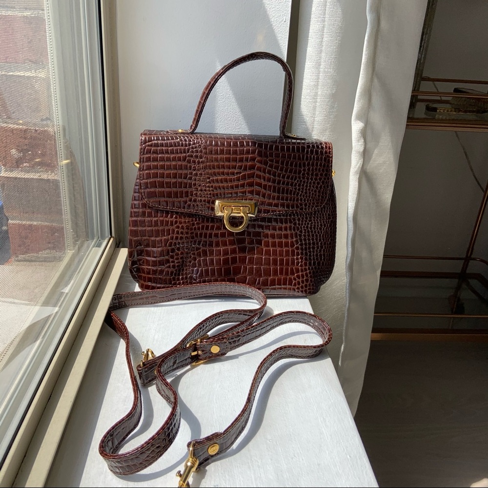 Charles Hubert Chocolate Brown Croc-Embossed Purse | Removable Strap